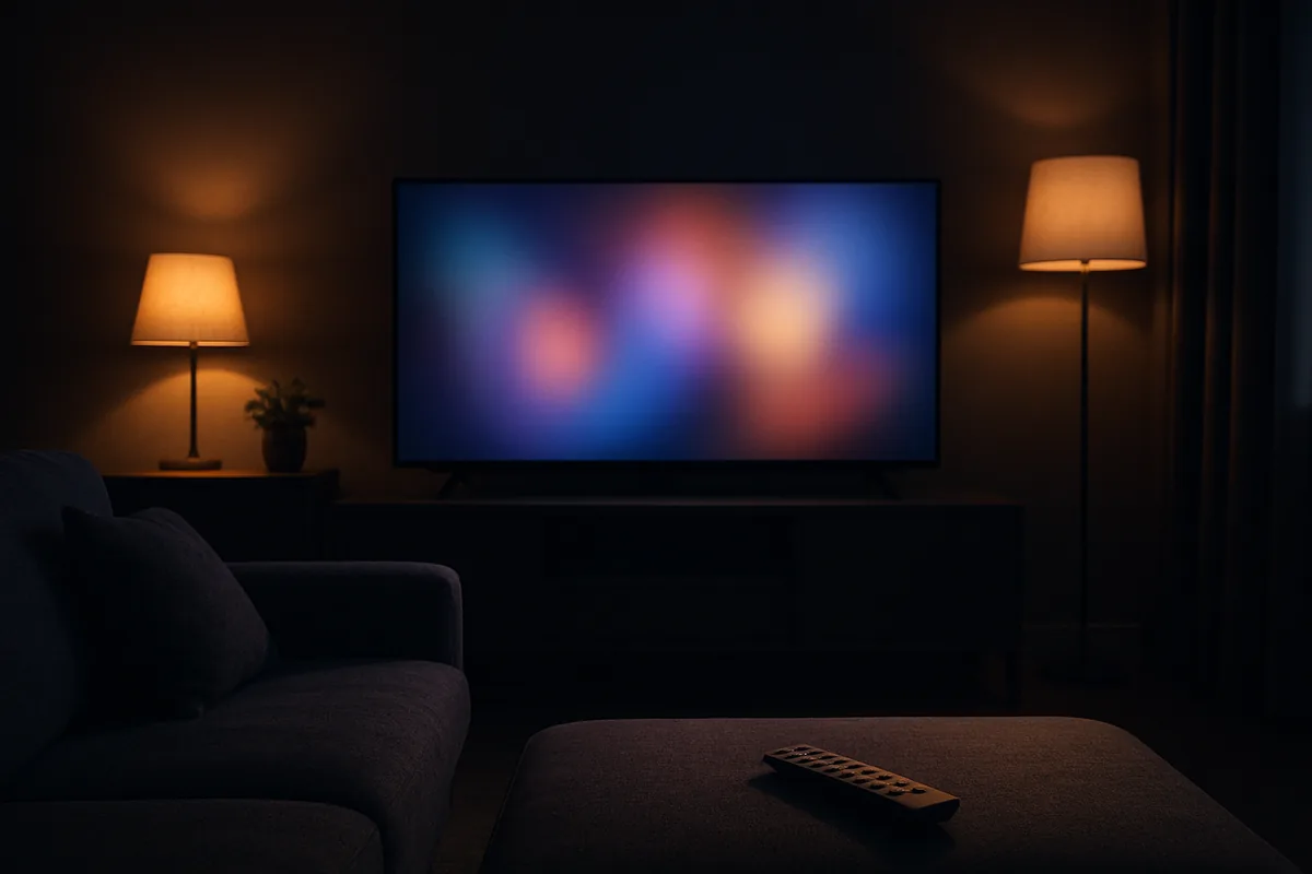 Salon confortable le soir avec un grand téléviseur allumé et une télécommande sur le canapé