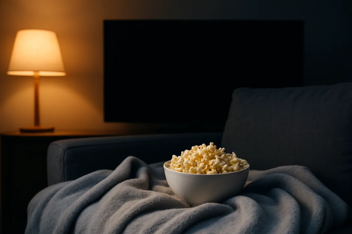 Bol de popcorn et plaid sur un canapé devant un écran sombre