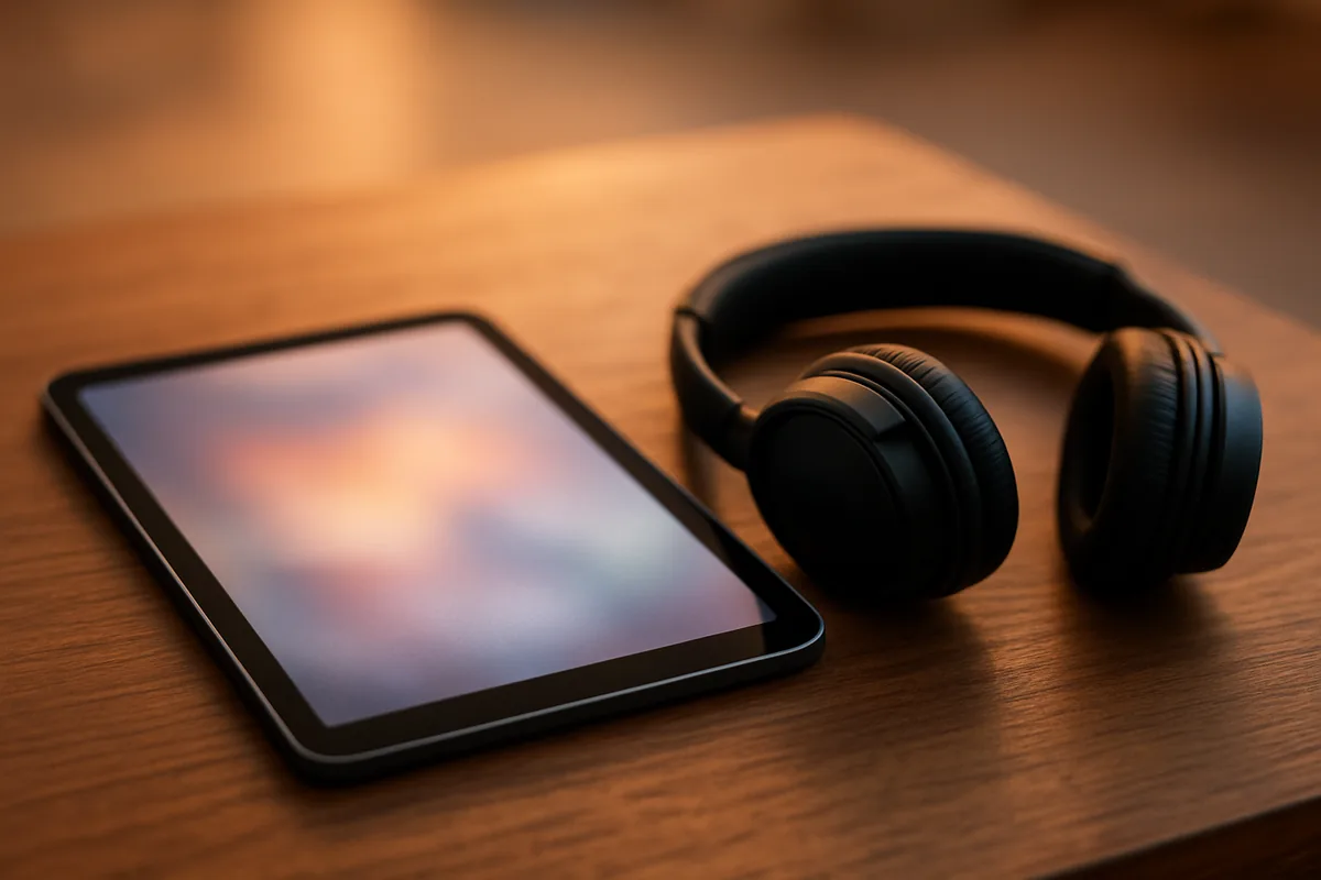 Tablette et casque audio posés sur une table en bois, image vidéo floue sur l'écran