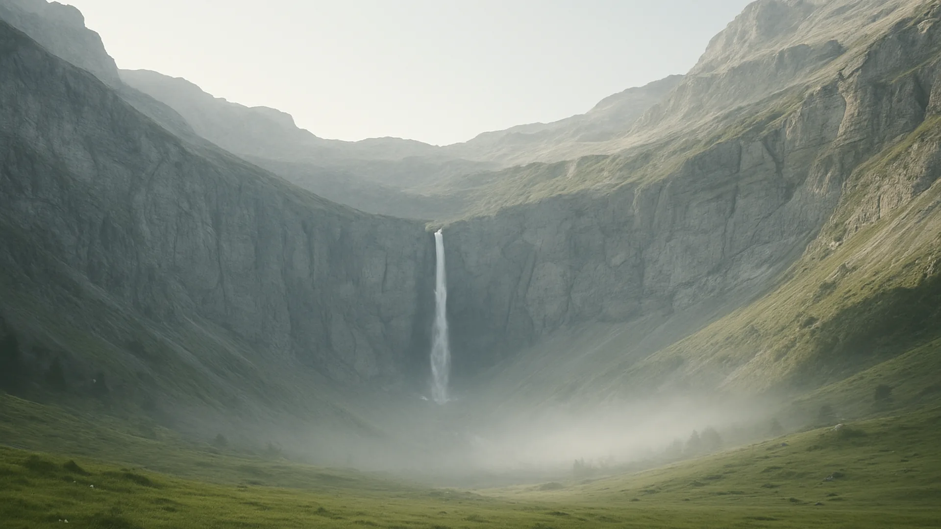 Cirque de montagne pyrénéen avec une cascade dans la lumière du matin
