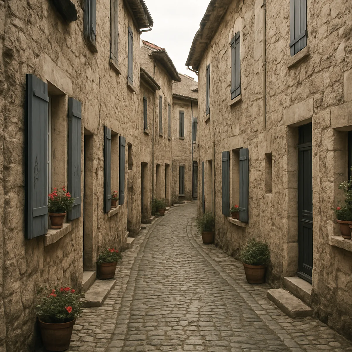 Rue pavée d'un village de bastide aux maisons de pierre et aux volets en bois
