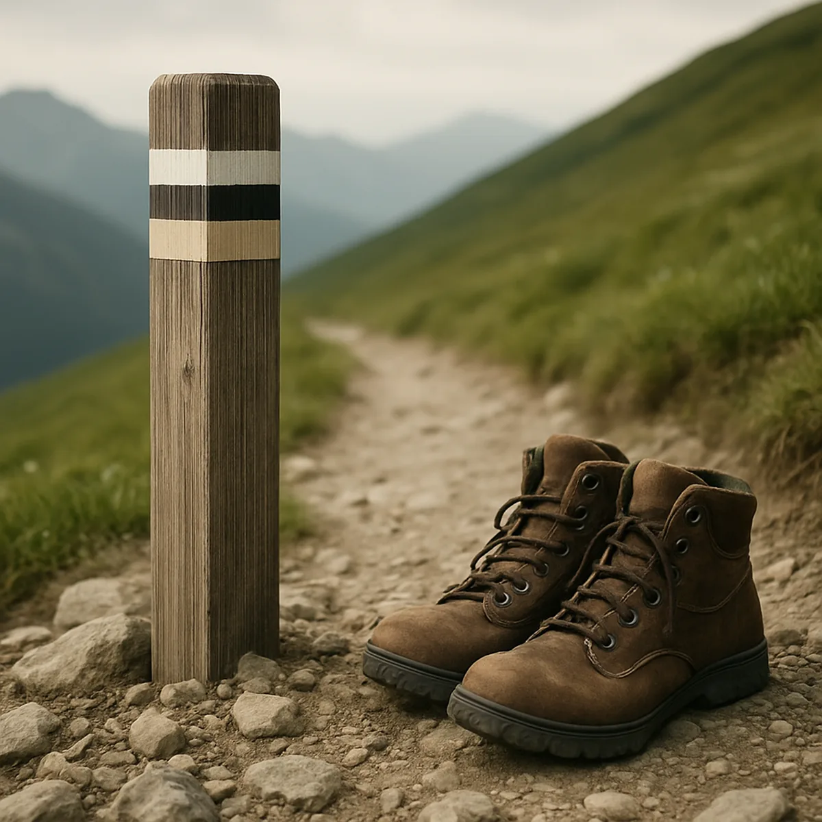 Poteau de balisage de sentier et chaussures de randonnée sur un chemin de montagne